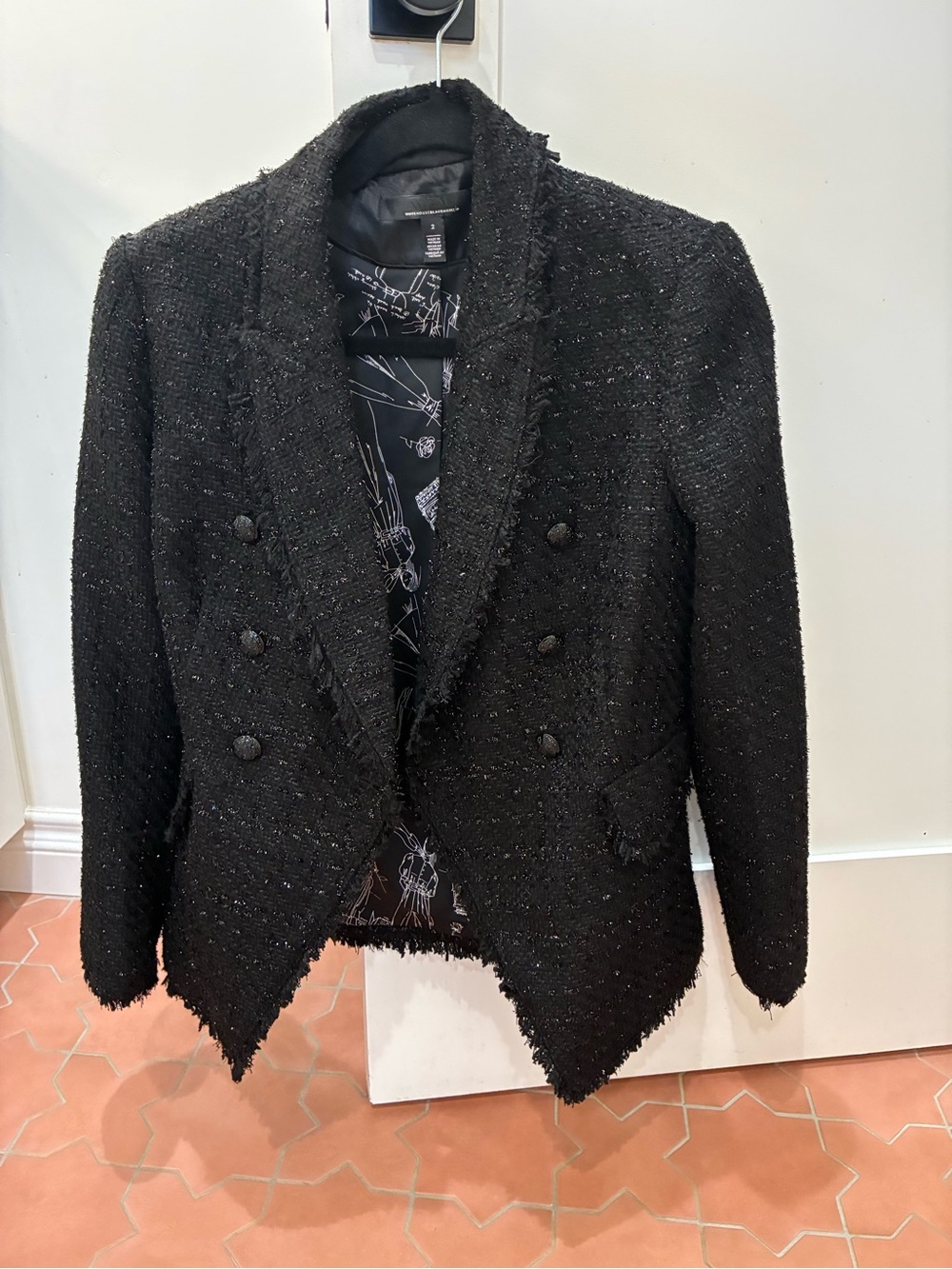 NEW White House Black Market black metallic fringe-trim bouclé tweed blazer
